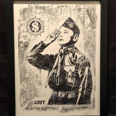 Shepherd Fairey. Learn to Obey (Stencil Series).             Serigraph. Signed by artist in 2017. 26x20 framed. No COA available.