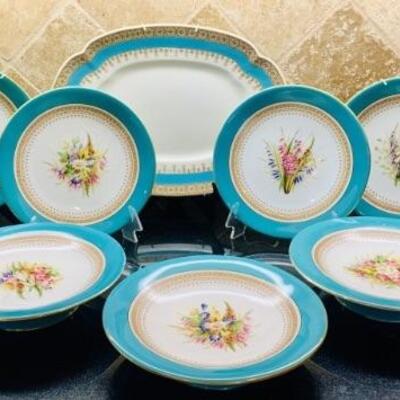 (10) Antique Royal Worcester 1878 English China      Royal Worcester China Manufactured in 1978 has a turquoise band with gold rim, brown...