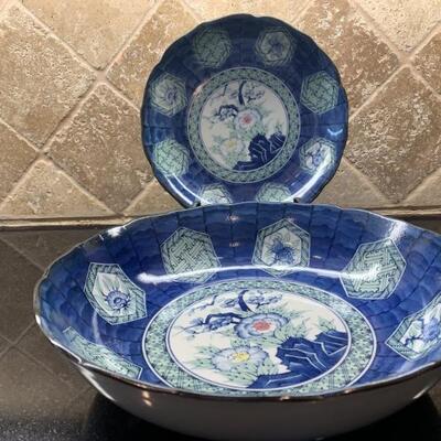 10in & 12in Blue, White, & Green Ceramic Bowls