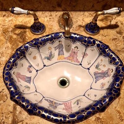 Painted Porcelain Asian Couple & Design Sink
