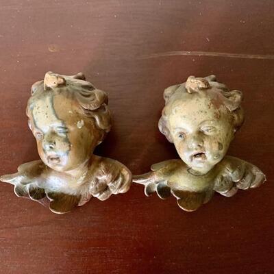 Pair Carved Wooden Angel Head Wall Decor