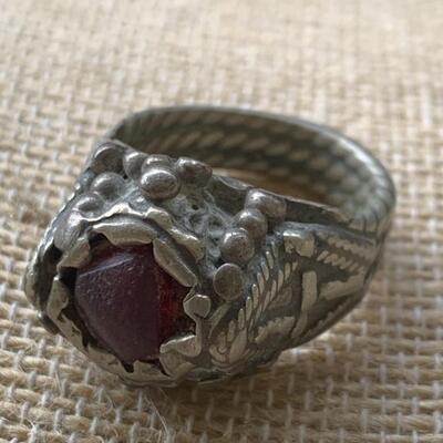 Unusual Handmade Antique Ring with Red Stone