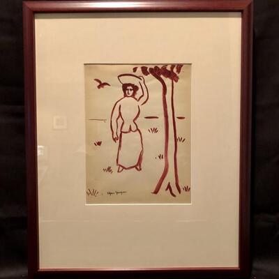 Edgar Yueger. Woman with Hat. Original Watercolor. Signed by artist. 8x10.5. 21.5 x 17.5 framed.