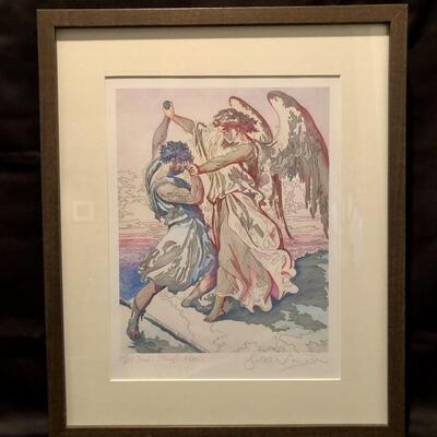 Jacobâ€™s Struggle d. Dire by Guillaume Avoulay  Limited edition Giclee. 89/125. Hand signed by artist. 14x11.  20x16.5 framed. COA...