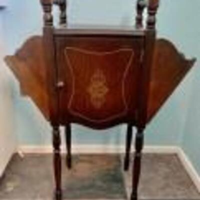Vintage Copper Lined Smoking Stand/Tobacco Humidor with Magazine Racks on Either Side and Turned Legs and Handles, & Inlaid Wood...