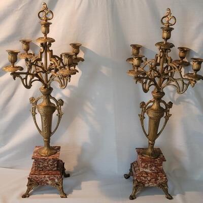 Pair Vintage Gilded Iron 5 Candelabras on Marble
Standing on Marble Bases, each is 26in tall
