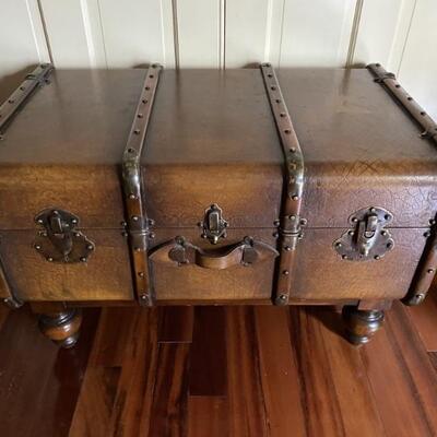 Vintage Wooden Steamer Trunk on Jacobean Legs    1920s-1930s Steamer Trunk with Brass Hardware and Oversized Nailhead Trim.  Leather...