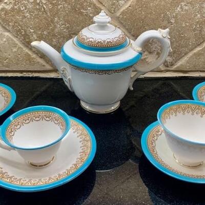 Antique Royal Worcester Tea Set, England.                             2 Turquoise Bands with Brown Geometric Trim