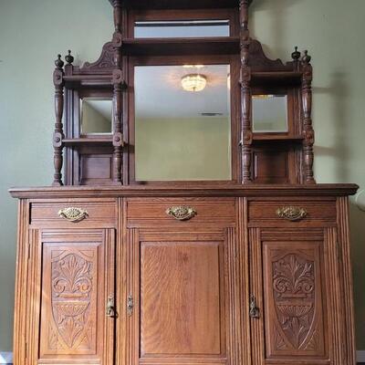 Antique Oak Victorian Mirror Back Sideboard
60in w x 21.5in d x 87in h