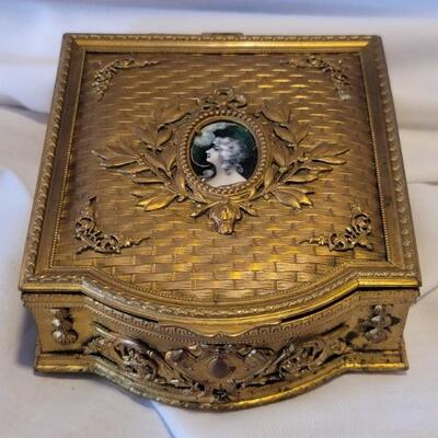 Gold Tone Hinged Trinket Box Lined in Red Velvet