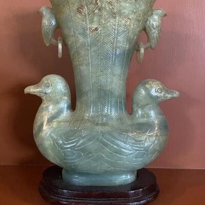 Antique Carved Nephrite Jade Double Bird Vase
On Carved Rosewood Stand
Circa 18-19th Century�