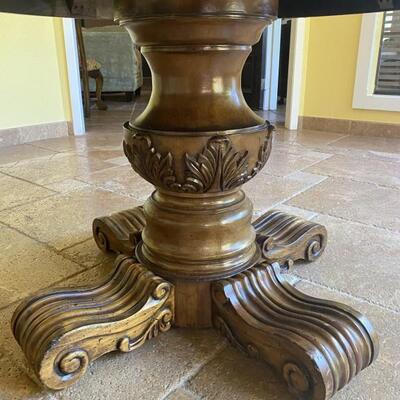 Banded Burl to Walnut Round Pedestal Table 
With Carved Legs & Scroll Feet