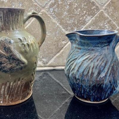 (2) Majolica Style Pottery Pitchers, One is Signed