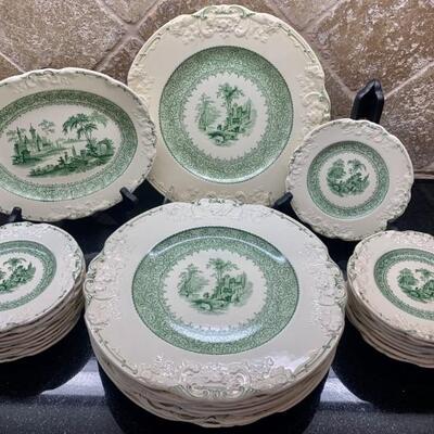 (27) Vintage George Jones & Sons China-Genoa Green 28 Pieces of  Marlborough Green Scene Embossed Pattern Fine Bone China, made in...