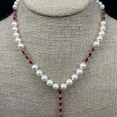 14k Gold, Ruby, & Pearl Necklace