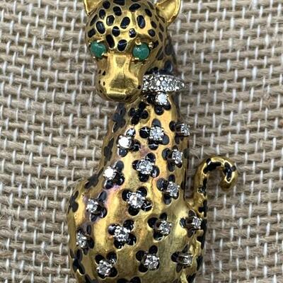 18k Gold, Diamond and Enamel Leopard Pin Brooch, 13.66g