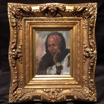 Vadim Zang. Woman in Scarf. Original Acrylic on
Canvas. 2009. Hand signed by artist. 7x9. 18 x 16.5 framed. COA included.