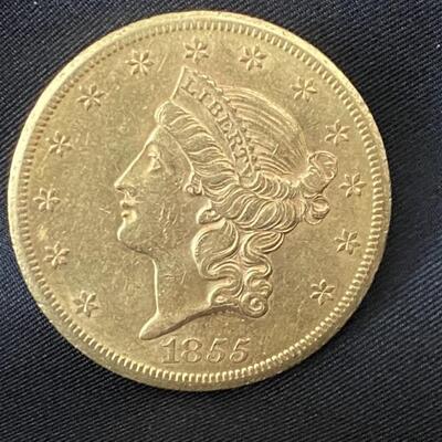 1855 $20 Gold Liberty Coin
