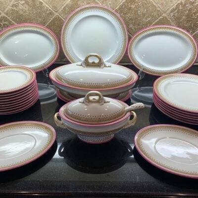 Antique Royal Worcester Set of English Fine China      About 27 Pieces of 18thC Pink band and brown flower and geometric trim