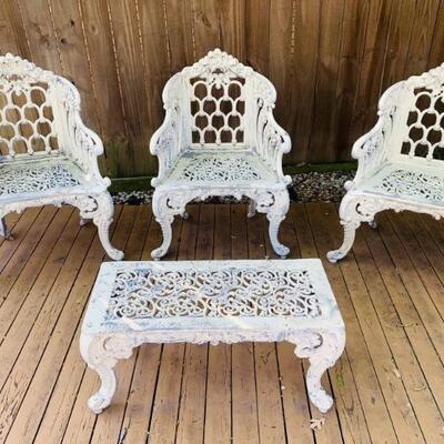 (4) Vintage Cast Iron Rococo Revival Patio Set 
White Painted and Well Cast Iron 3 Patio Chairs and Coffee Table, 19th C