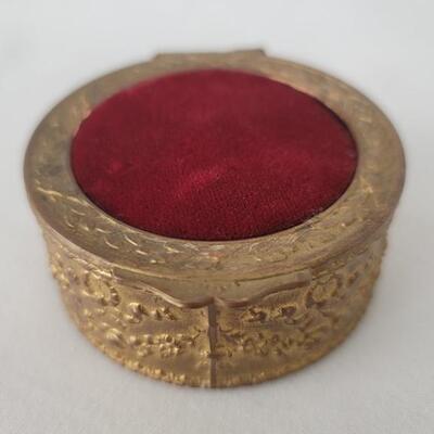Gold Tone Round Trinket Box Lined in Red Velvet