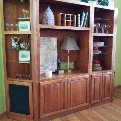 Solid walnut entertainment center/ display cabinet from Woodley's.  Four separate sections for easy transport.
