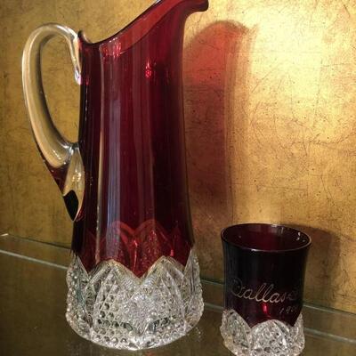 (2) Antique Ruby Red on Clear Crystal Pitcher Set Absolutely Stunning Set Marked, Dallas Fair 1909.
Set Includes Pitcher with Applied...