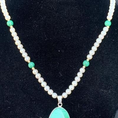 Sterling Silver, Pearl, and Malachite Necklace