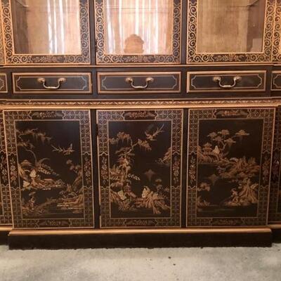 Impressive Black Lacquered Asian Lighted Display China Cabinet 