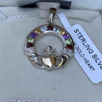 NIB Sterling Silver Claddagh Necklace with 14k Gold Center Heart