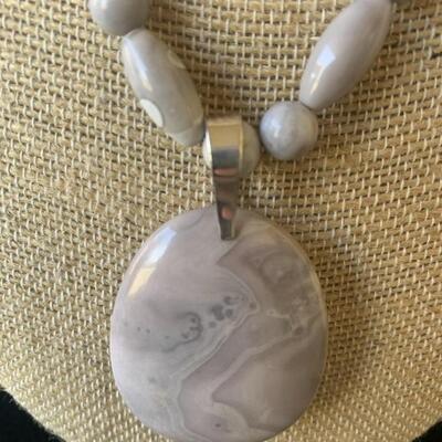 Polished Stone Bead and Sterling Silver Necklace