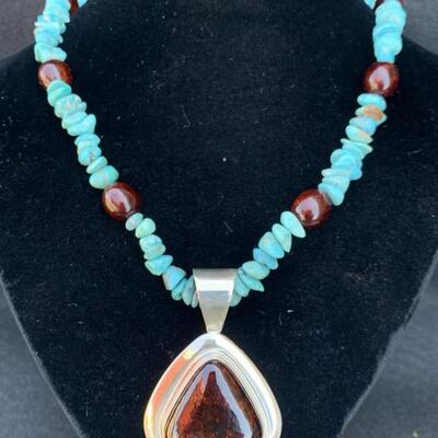 Sterling Silver and Turquoise Necklace with Brown Stone Pendant by Jay King Hallmarked  DTR