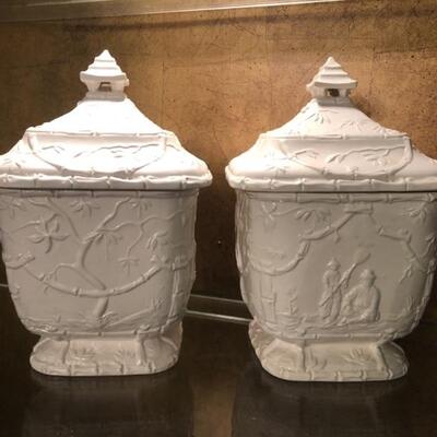 (2) Bisque Ceramic Asian Style Canisters, Italy