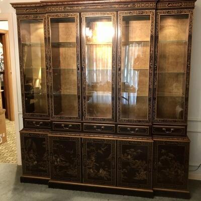 Impressive Black Lacquered Asian Lighted Display China Cabinet 