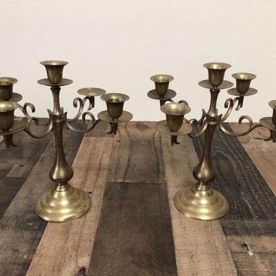 Pair Brass Five Candle Candelabras