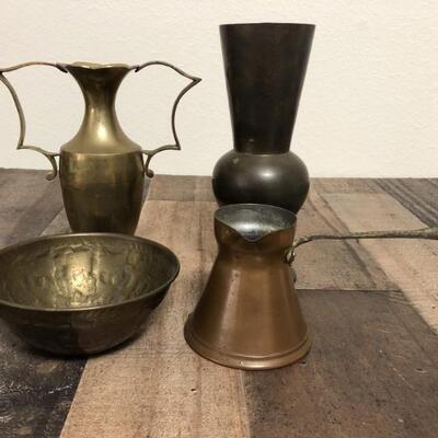 (5) Brass & Copper Lot: 2 Vases, a Bowl, Antique Brass and Copper Long Handled Coffee Pot