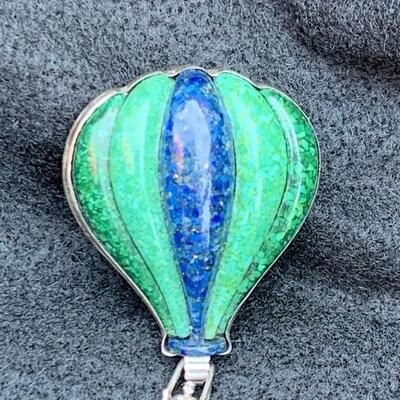 Sterling Silver, Malachite, and Lapis Hot Air Balloon Brooch / Pendant