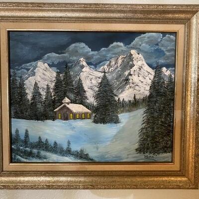Mountain Cabin Oil on Canvas Painting by LT Burr