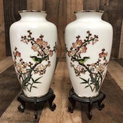 (2) Japanese (Kyoto) Cloisonné Vases with COA