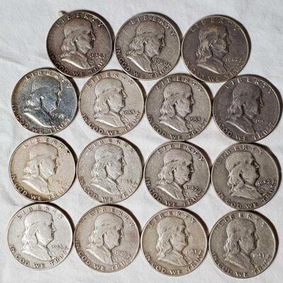 15 mixed date Franklin US silver half dollars
