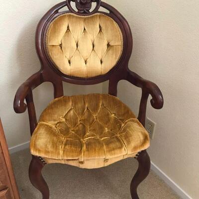 Carved Wood chairs with gold fabric (2)
