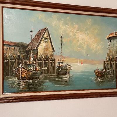 Oil on canvas boats in harbor