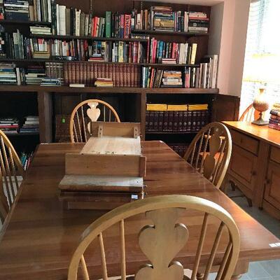 42 Linear Feet of Books and Pine dining room table with 6 chairs and 2 leaves