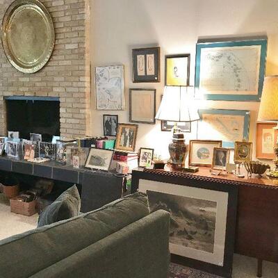 Living Room Full of great items including a Brass hanging table top on wall