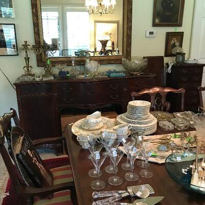 Dining Room complete with table, chairs, buffet and lots of crystal, plates, etc.