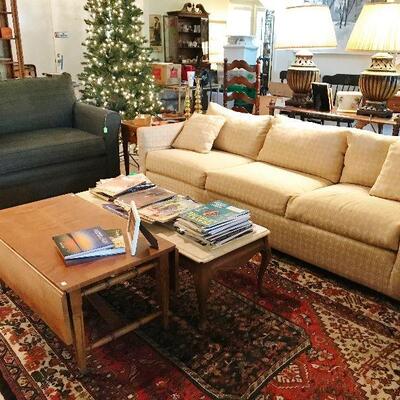 Vintage soft creamy Sofa, end tables and Twin sleeper sofa dark green