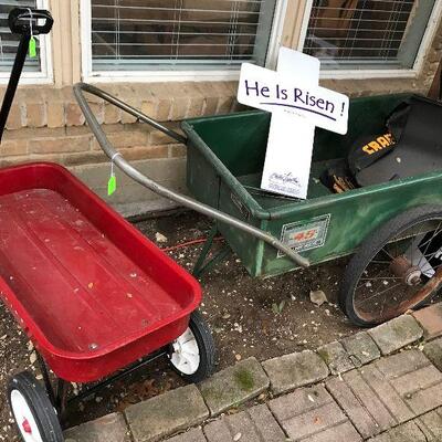 Green Wheelbarrow and Red Flyer Wagon