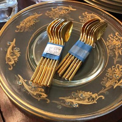 Hand Painted Gold Rim Dessert plates and gold color Demitasse Spoons