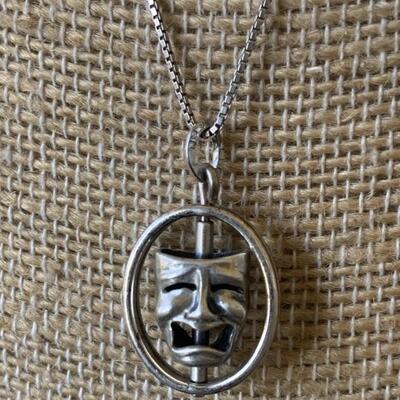 Sterling Silver Greek Tragedy Mask Pendant on Chain