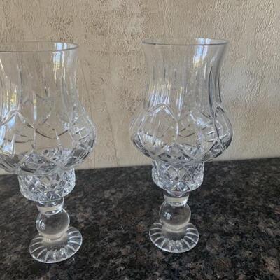 Pair of Crystal Hurricane Candle Holders, 2 Piece Base & Globe